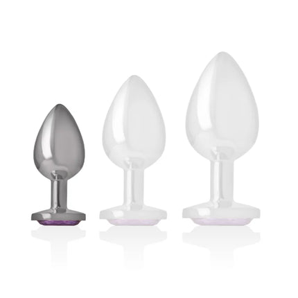 Set aus drei klaren und metallischen analplugs aus aluminium mit violettem kristall als basis größe s