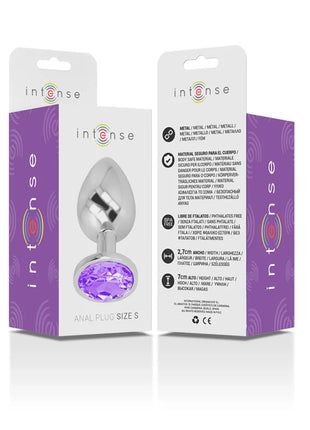 Intense analplug aus aluminiummetall mit violettem kristall und markanter verpackung in größe s