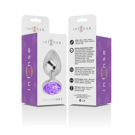 Intense analplug aus aluminiummetall mit violettem kristall und markanter verpackung in größe s