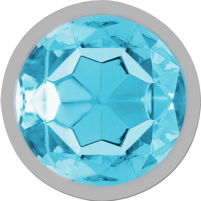 Intense analstecker aus aluminiummetall mit rundem blauem facettiertem kristall in silberner fassung größe s