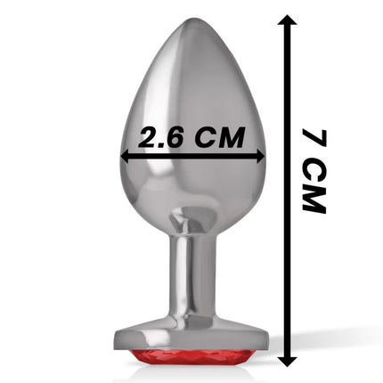 Ein eleganter analstecker aus aluminium mit silberner metalloberfläche und rotem kristallfuß, größe s, 7 cm hoch