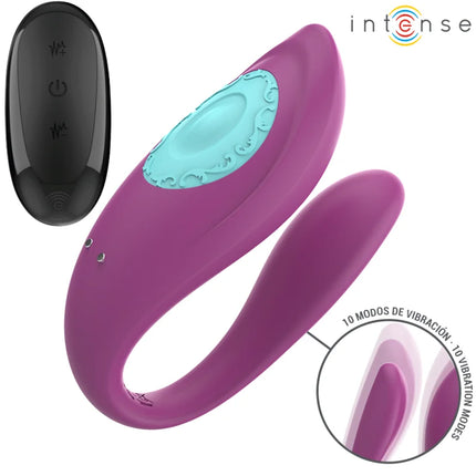 Intense annie u-förmiger vibrator und stimulator lila mit türkis verziertem panel und passender schwarzer fernbedienung