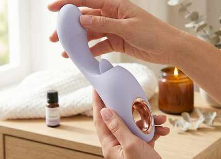 Lavendelfarbener silikon pleasure device mit rosegold akzentring im intense anya multifunktions-vibrations- und bewegungsstimulator