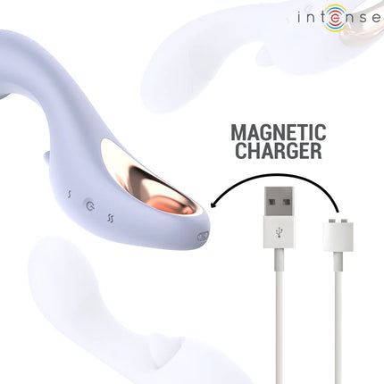 Light lila silikon vibrator mit metallischem innenleben und bedientasten der marke intense namens anya multifunction stimulator