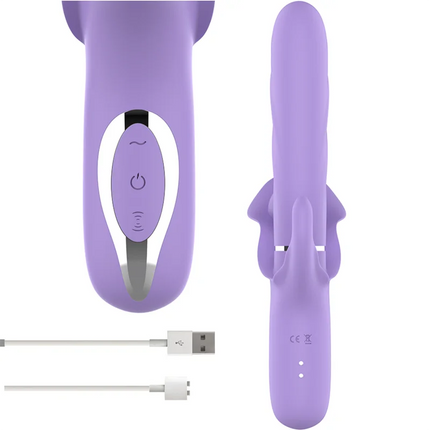 Lila silikon rabbit-vibrator billie mit saug- und pulsierfunktion sowie power- und modustasten am griff