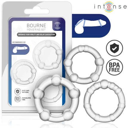 Intense bourne set mit 3 penisringen aus klarem medizinischem silikon mit ergonomischem design für komfortables erlebnis