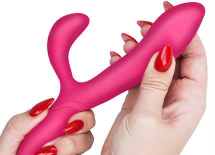 Ein intensiver pinkfarbener vibrationsstimulator charly mit ergonomischem design und zwei kopfen