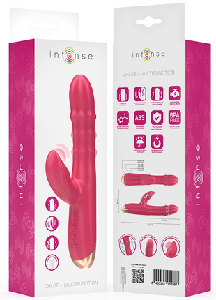 Intense chloe multifunktionsvibrator 3 in 1 rot mit pinker texturierter oberfläche und goldfarbenem sockel