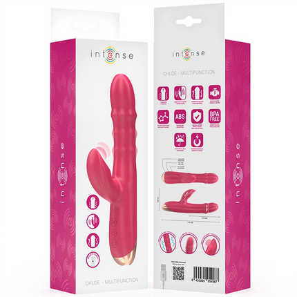 Intense chloe multifunktionsvibrator 3 in 1 rot mit pinker texturierter oberfläche und goldfarbenem sockel