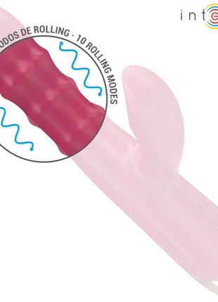 Pink silikon rabbit vibrator mit magentafarbenem strukturiertem rollkopf und markenname intense sichtbar