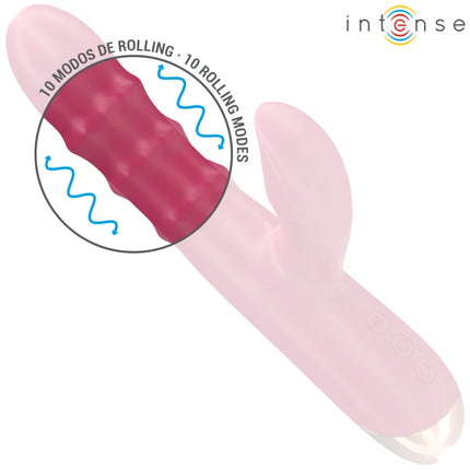 Pink silikon rabbit vibrator mit magentafarbenem strukturiertem rollkopf und markenname intense sichtbar