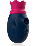 Intense clit stimulator in navy blue silicone with pink crown and bow design featuring 10 lick and suction modes