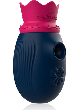 Intense clit stimulator in navy blue silicone with pink crown and bow design featuring 10 lick and suction modes