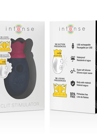 Intense clit stimulator mit 10 leck- und saugfreqenzen aus schwarzem und magentafarbenem silikon in blau