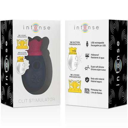 Intense clit stimulator mit 10 leck- und saugfreqenzen aus schwarzem und magentafarbenem silikon in blau