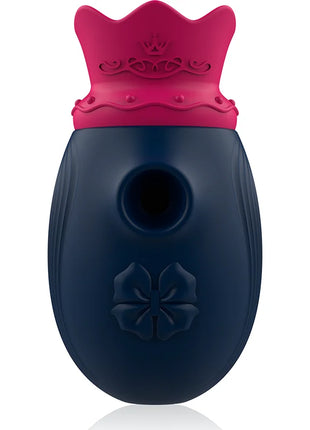 Intense clit stimulator aus navyblauem silikon mit rosa kropf und reliefblumendesign 10 leck und saugfrequenzen
