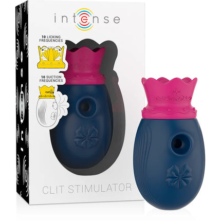 The intense clit stimulator in navy blue and pink with a textured crown shape and 10 lick and suction modes