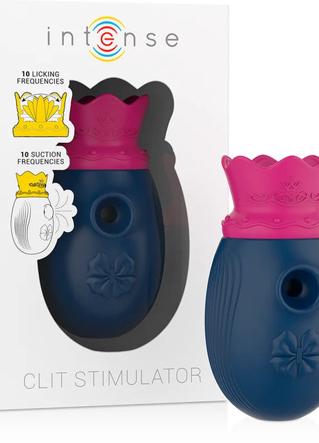 The intense clit stimulator in navy blue and pink with a textured crown shape and 10 lick and suction modes