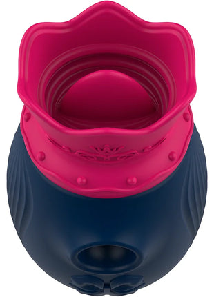 Intense clit stimulator in pink and navy blue silicone with flower-shaped top and skull design at the base