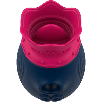 Intense clit stimulator in pink and navy blue silicone with flower-shaped top and skull design at the base