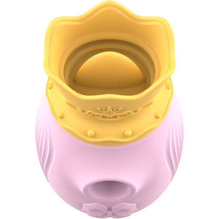 Intense clit stimulator pink und gelb silikonspielzeug mit kronenförmiger spitze und gerippter strukturfür saugfrequenzen