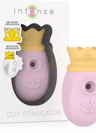 Pink silikon clit stimulator mit gelber krone und floraler verzierung marke intense mit 10 leck und saugfrequenzen