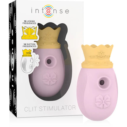 Pink silikon clit stimulator mit gelber krone und floraler verzierung marke intense mit 10 leck und saugfrequenzen