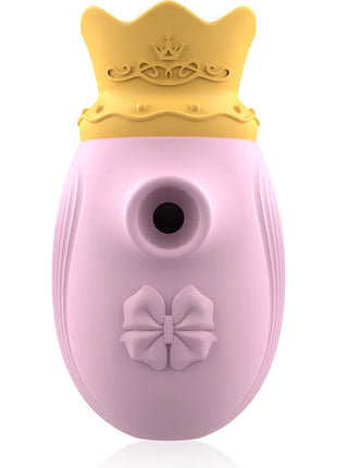 Pink silikon klitoris stimulator mit gelber krone und schleifendetail mit 10 leck und saugfreqenzen