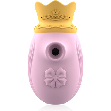 Pink silikon klitoris stimulator mit gelber krone und schleifendetail mit 10 leck und saugfreqenzen