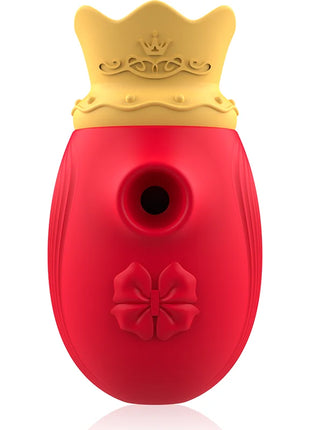 Roter silikon clit stimulator intense mit gelber krone und geprägtem schleifendekor für intensive anwendung