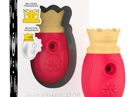 Intense clit stimulator in vibrant red silicone with yellow crown top and embossed floral design features 10 suction modes
