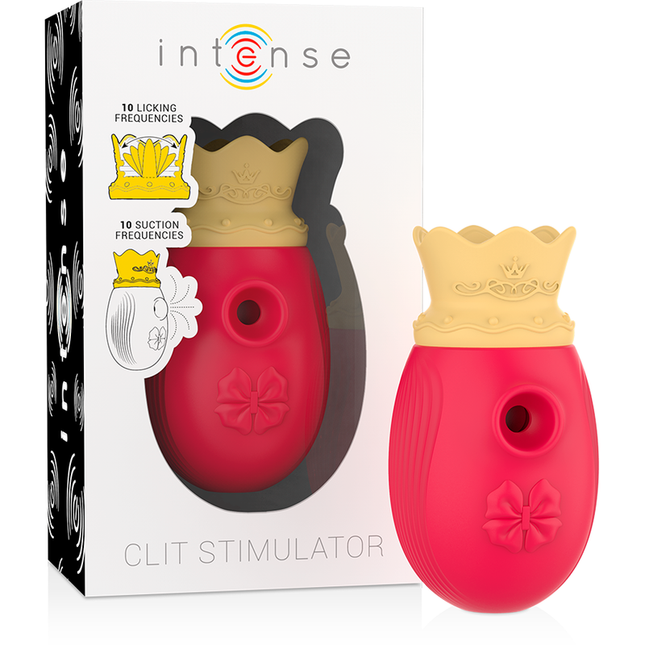 Intense clit stimulator in vibrant red silicone with yellow crown top and embossed floral design features 10 suction modes