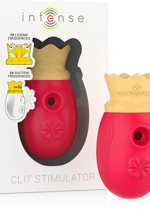 Intense clit stimulator in vibrant red silicone with yellow crown top and embossed floral design features 10 suction modes