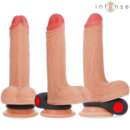 Drei pfirsichfarbene silikonvibratorpenisringe mit schwarzen und roten saugbasen der marke intense