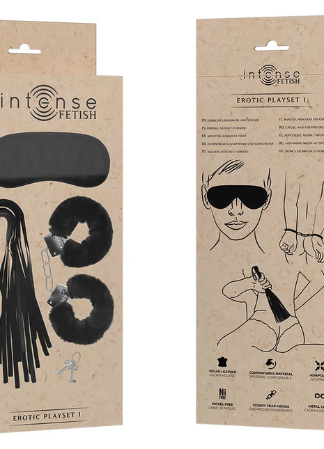 INTENSE - FETISH EROTIKSPIELSET 1 MIT HANDSCHELLEN BLINDMASKE UND PEITSCHE - Bondage-Sets