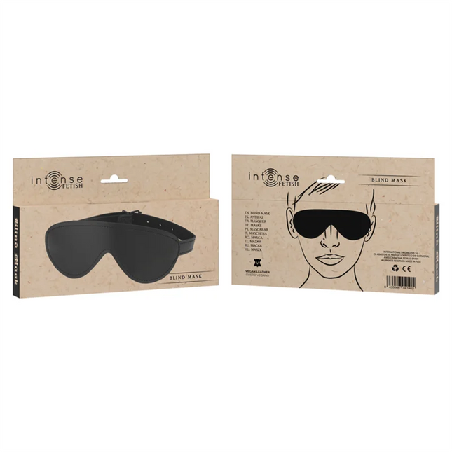Schwarze vegane blindmaske intense fetish in brauner papierschachtel mit intensive fetischbeschriftung