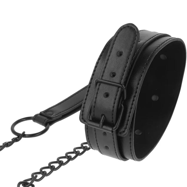 Intense fetisch veganes lederhalsband schwarzes kunstleder mit metallschnalle und befestigter kettenschnur