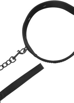 Schwarzes veganes lederhalsband intense mit kette und griff für fetish zwecke