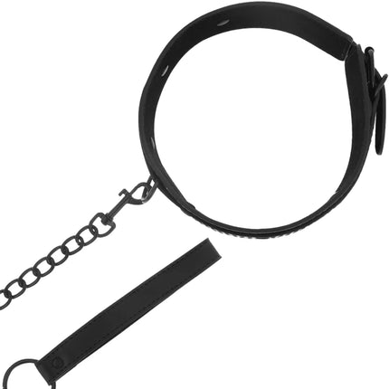 Schwarzes veganes lederhalsband intense mit kette und griff für fetish zwecke