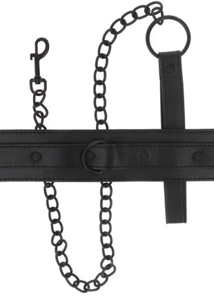 Schwarzes veganes lederhalsband intense mit metallketten und d-ring schnalle für fetischzwecke