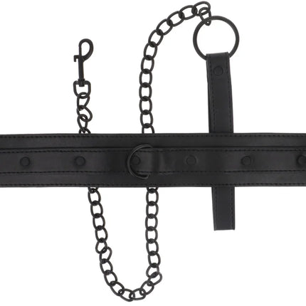 Schwarzes veganes lederhalsband intense mit metallketten und d-ring schnalle für fetischzwecke