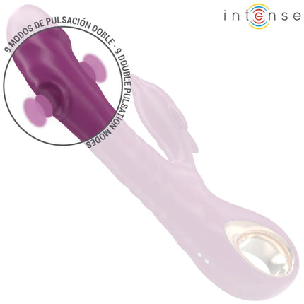 Lila und durchscheinend rosa silikon dual-vibrator mit ergonomischem design und delfin-stimulierender zunge