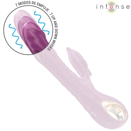 Intense halle multifunktionsvibrator in lila mit delfin-stimulierender zunge und 7 auf und ab modi aus durchsichtigem pinkem material