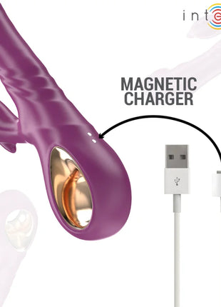 Lila silikon vibrator in hasenform mit goldfarbenem innenraum und magnetischem ladeanschluss, intensiv delfinzungenstimulation