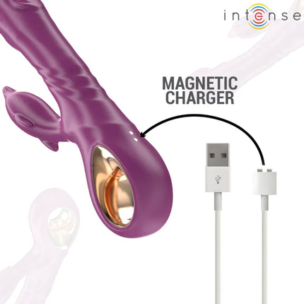 Intense halle multifunktionsvibrator lila aus silikon mit delfin-stimulierender zunge goldfarbenem innenraum und magnetanschluss