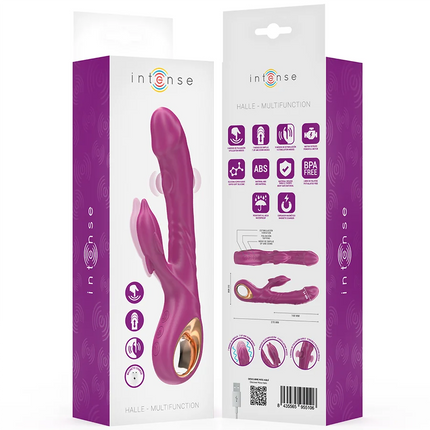 Lila intense halle multifunktionsvibrator mit delfin-stimulierender zunge goldfarbener ring und strukturierter oberfläche