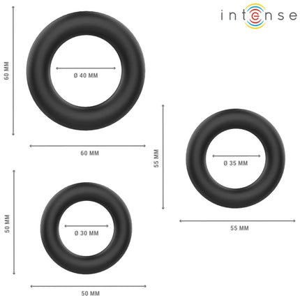 Intense schwarze silikon penisringe hugh 3 basic in drei größen aus gummi grommets sichtbar