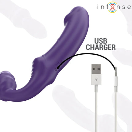 Lila silikon doppelvibrator intense jill 20 cm mit gebogenem design und strukturierter oberfläche fernbedienung