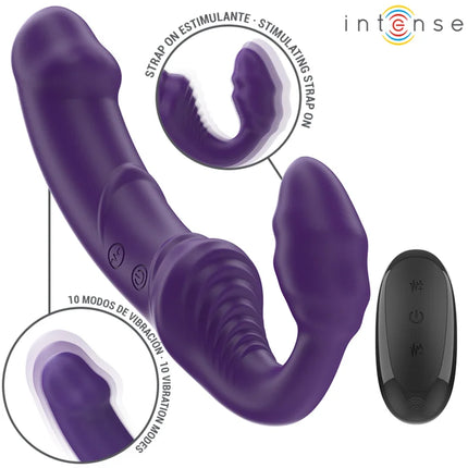 Intense jill doppelvibrator 20 cm lila aus silikon mit fernbedienung 10 vibrationsmodi und stimulierendem riemen