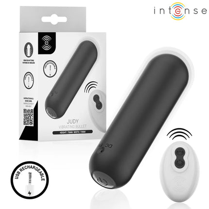 Schwarze intense judy vibrationkugel aus superweichem silikon mit glatter oberfläche und weißer fernbedienung